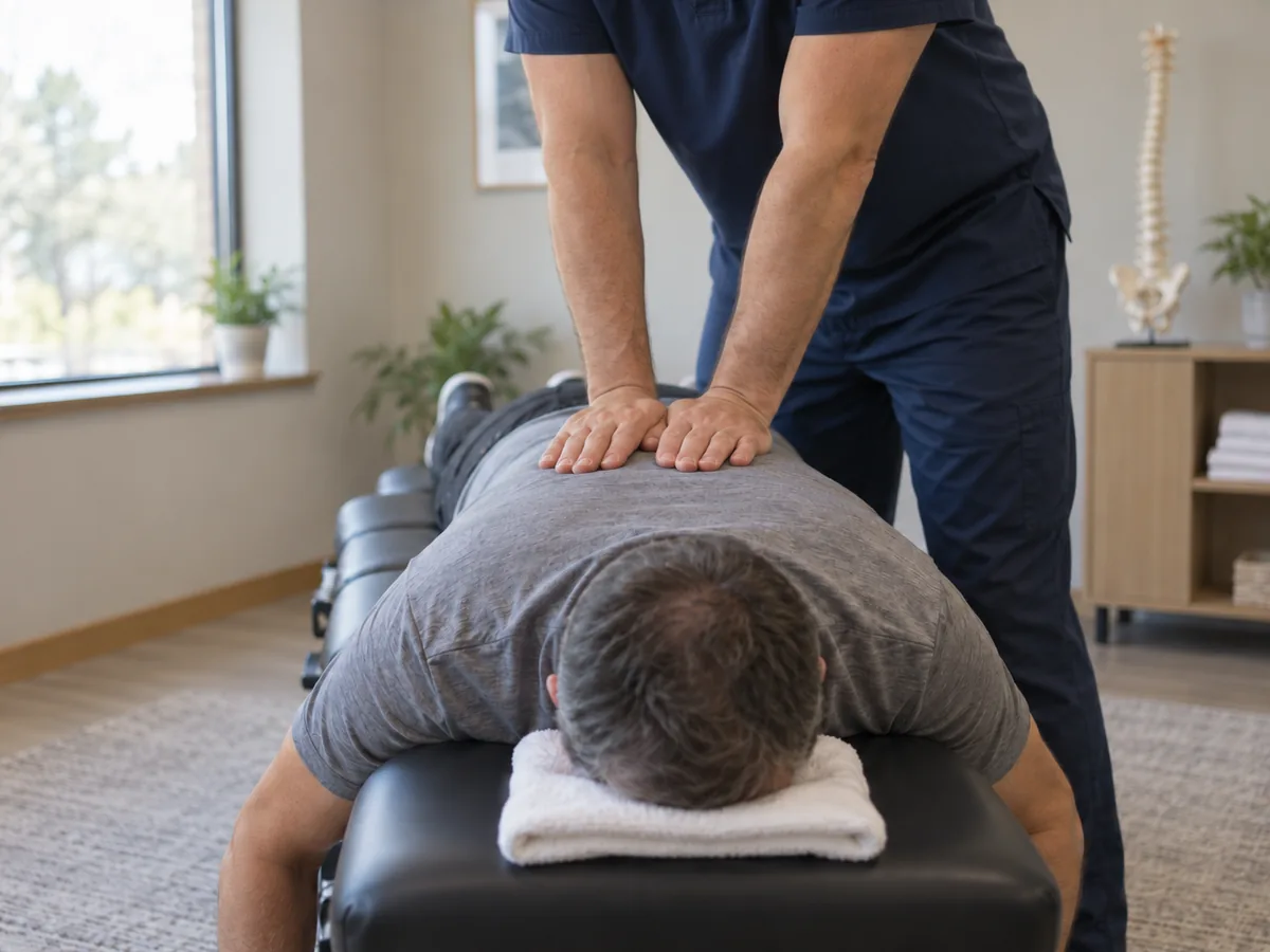 Chiropractor performing back adjustment on patient at Sunnyvale clinic table