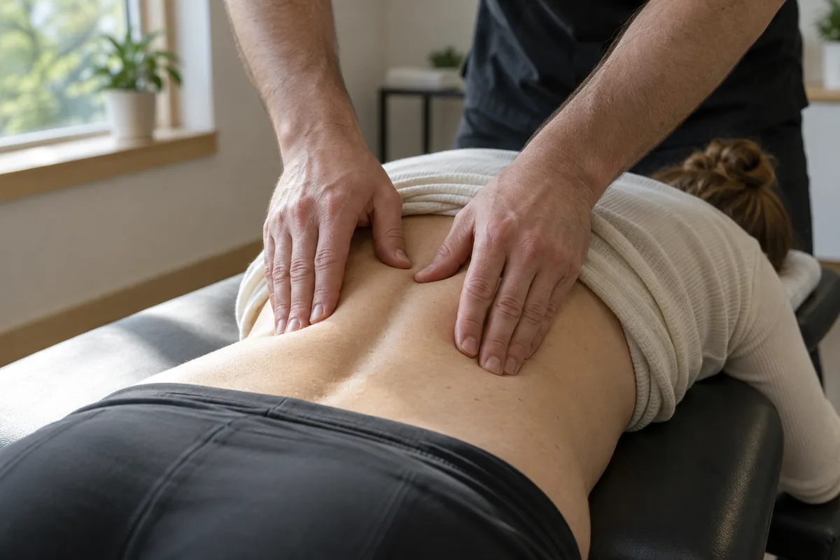Chiropractor palpating patient lumbar spine during back pain exam Sunnyvale