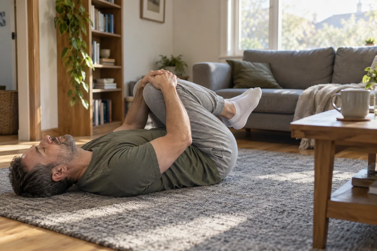 Person stretching back at home managing back pain before seeking Sunnyvale care