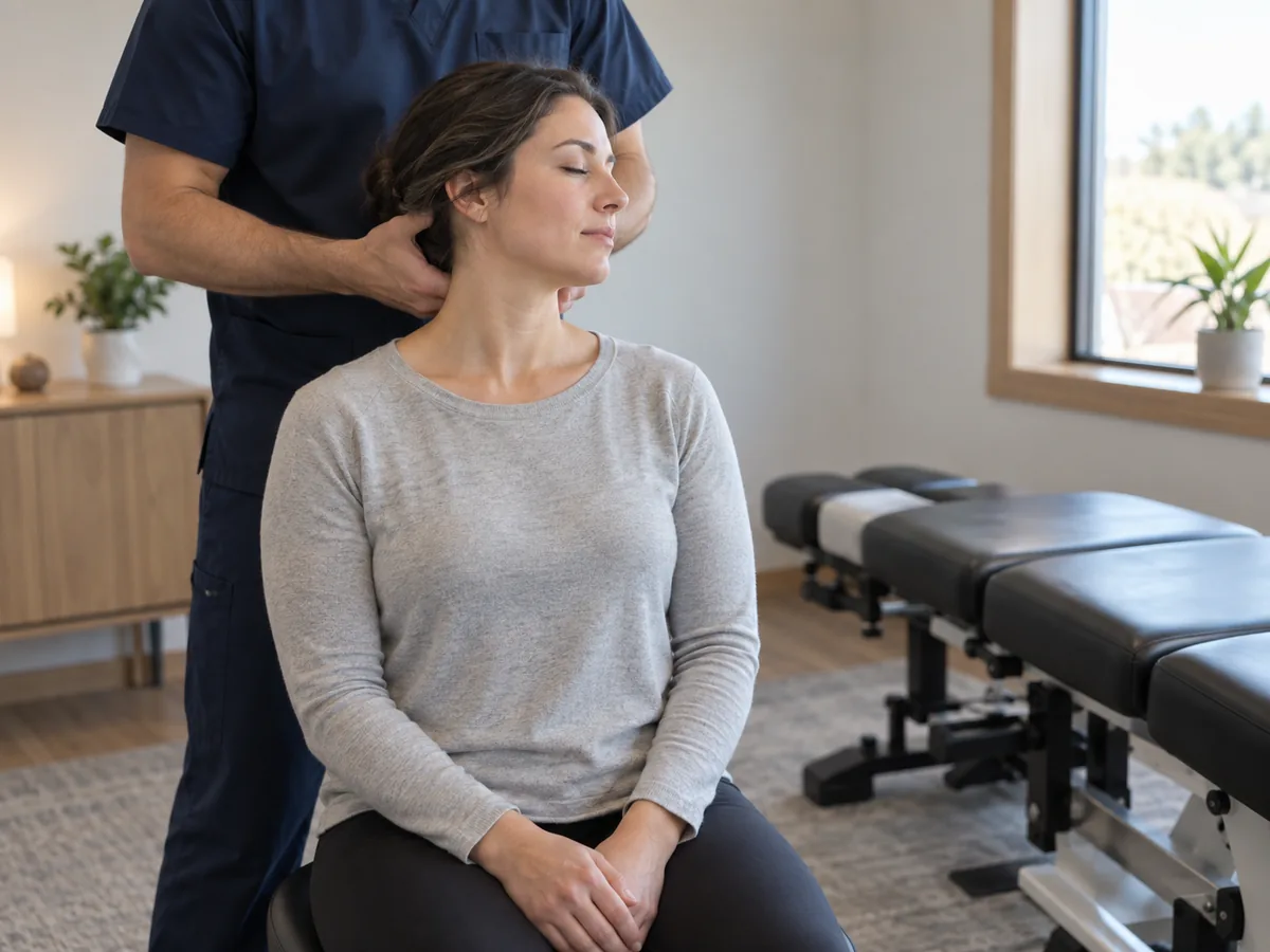 car-accident-chiropractic-neck-exam-sunnyvale Chiropractor examining patient's neck after car accident in Sunnyvale clinic