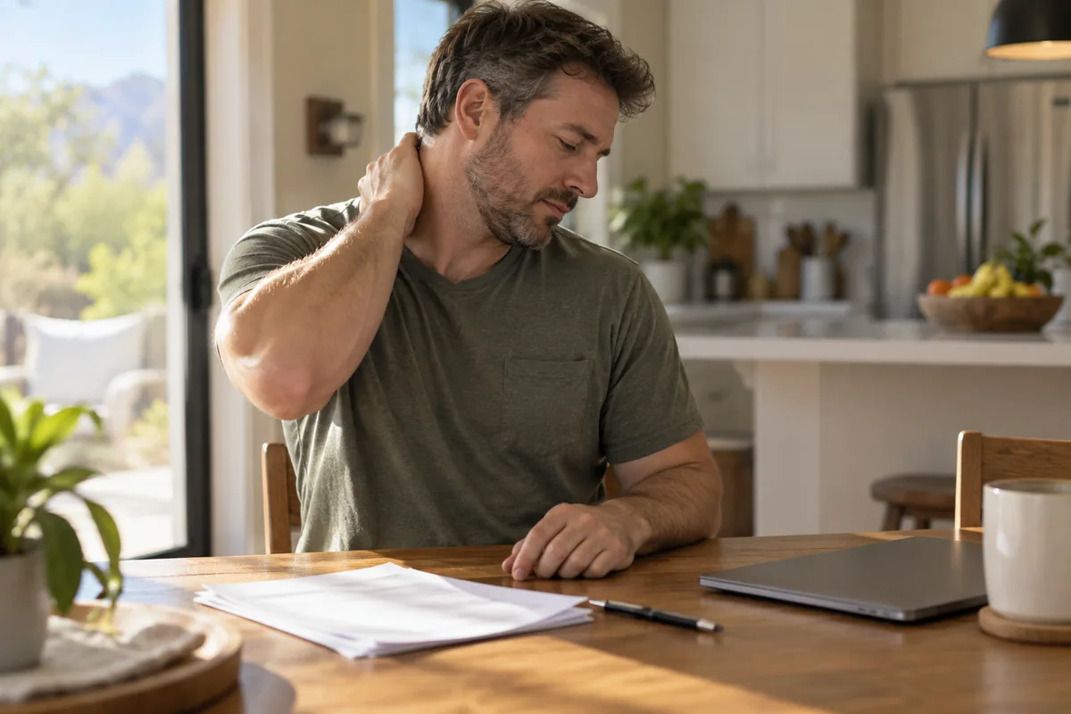 accident-claim-paperwork-neck-pain-home-sunnyvale Person reviewing accident claim paperwork with neck pain at home Sunnyvale