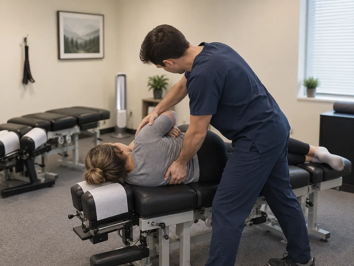 Quiropráctico ajustando el torso de un paciente en la mesa de tratamiento en una clínica de Sunnyvale
