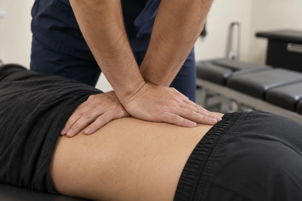 Primer plano de manos aplicando una técnica de ajuste lumbar en un consultorio quiropráctico de Sunnyvale