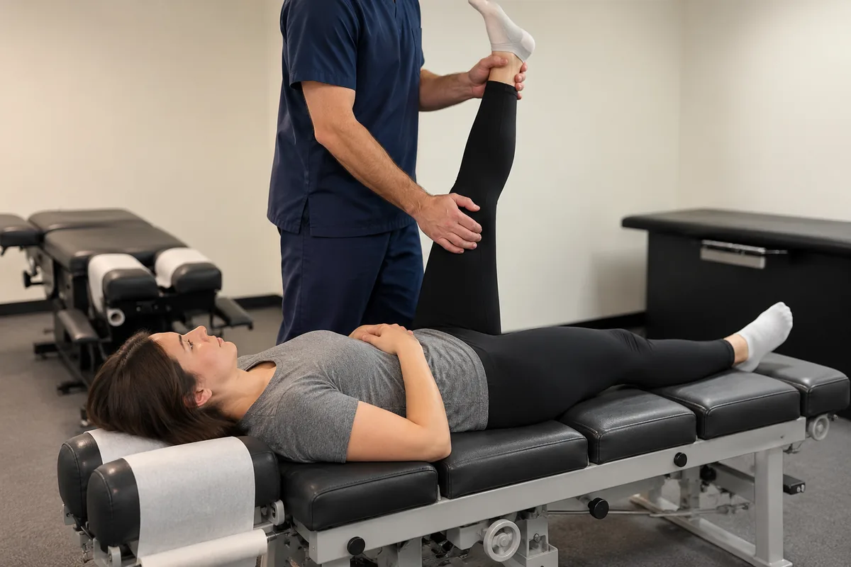 Prueba de elevación de pierna recta para diagnosticar hernia de disco en un consultorio quiropráctico de Sunnyvale