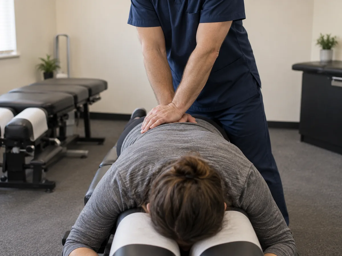 Chiropractor performing lower back adjustment on patient during Sunnyvale treatment session