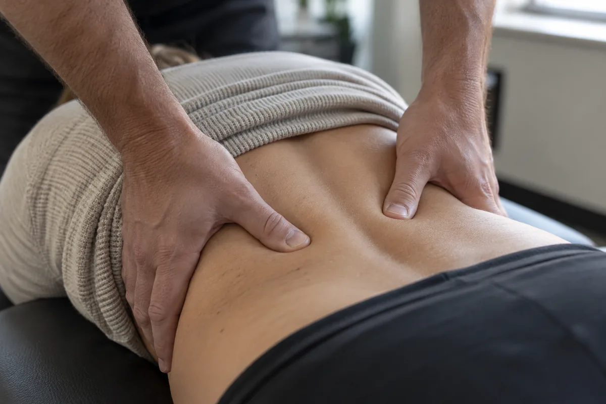 Close-up hands palpating lower back muscles during chiropractic pain treatment in Sunnyvale