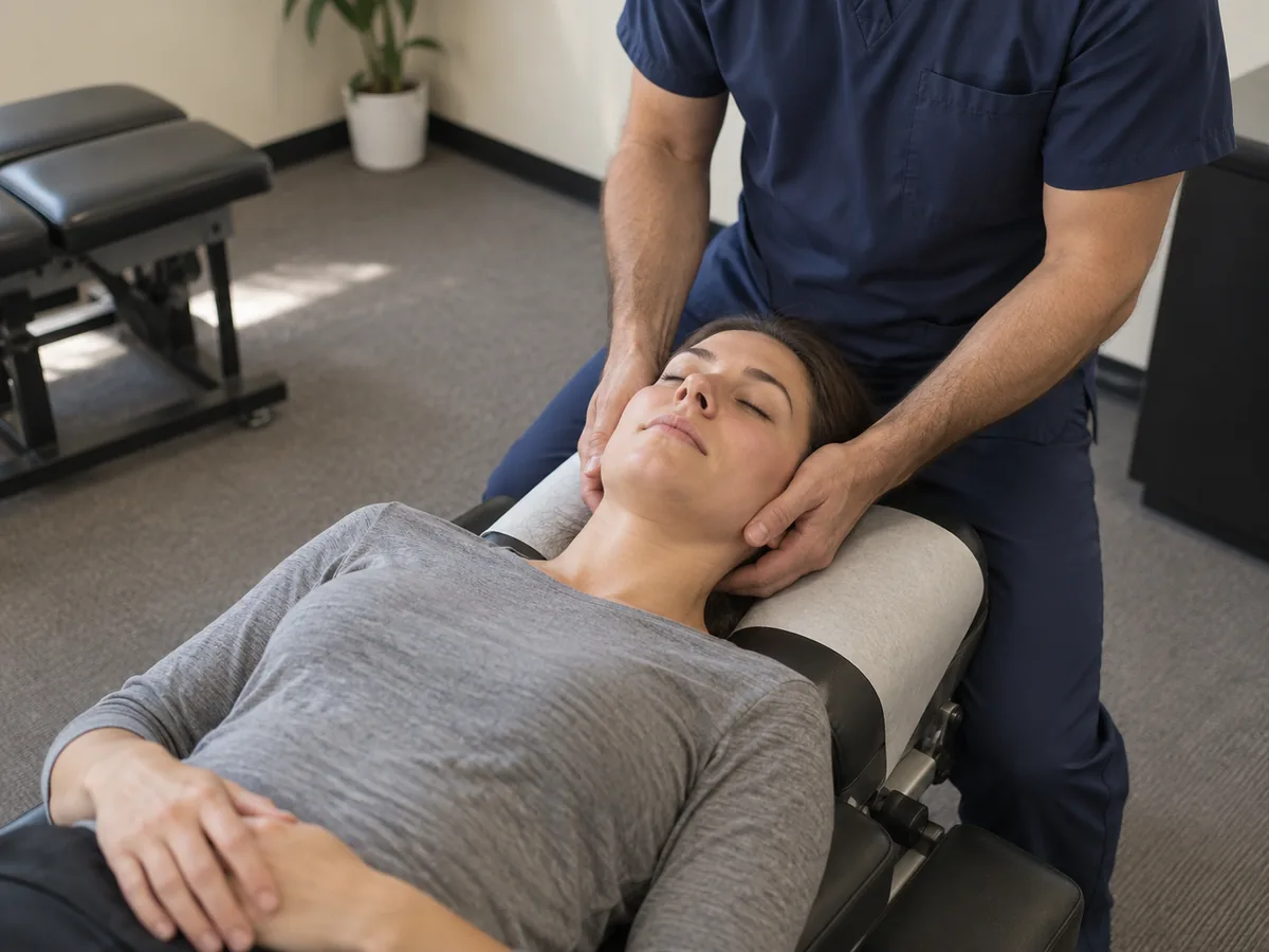 Chiropractor adjusting patient's neck during Sunnyvale neck pain treatment session