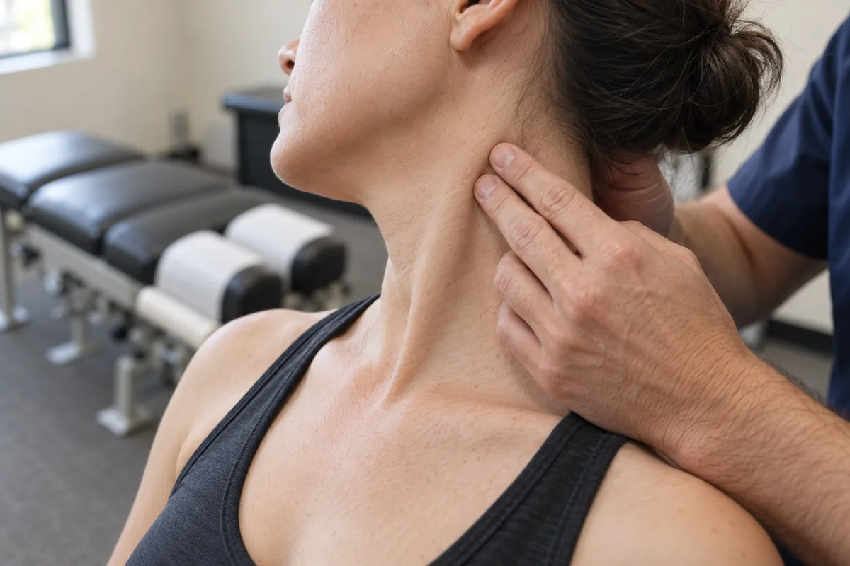 Close-up of hands palpating neck muscles during chiropractic neck pain exam