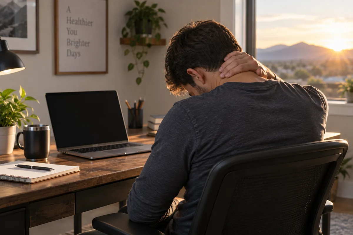 Person rubbing sore neck at home desk after long workday in Sunnyvale