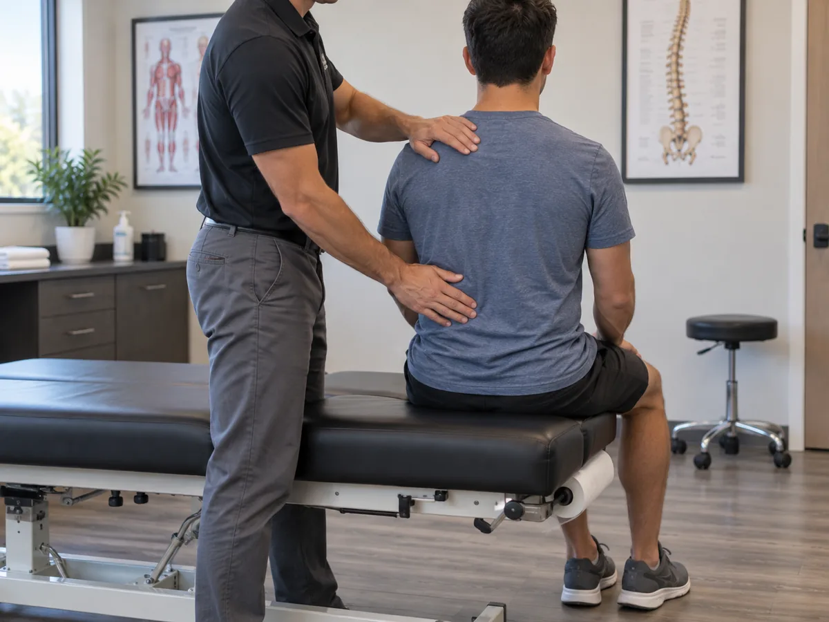 Clinician examining patient's back in Sunnyvale pain management physician exam room