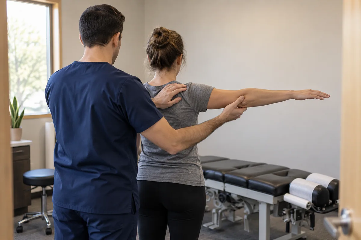 Patient doing shoulder mobility test with clinician in Sunnyvale pain clinic