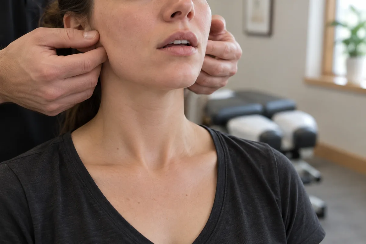 Clinician assessing jaw and TMJ pain on patient in Sunnyvale clinic