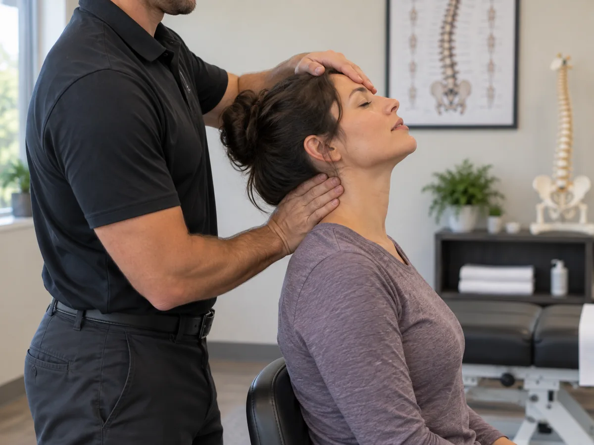 Chiropractor treating pinched nerve in patient's neck during Sunnyvale exam