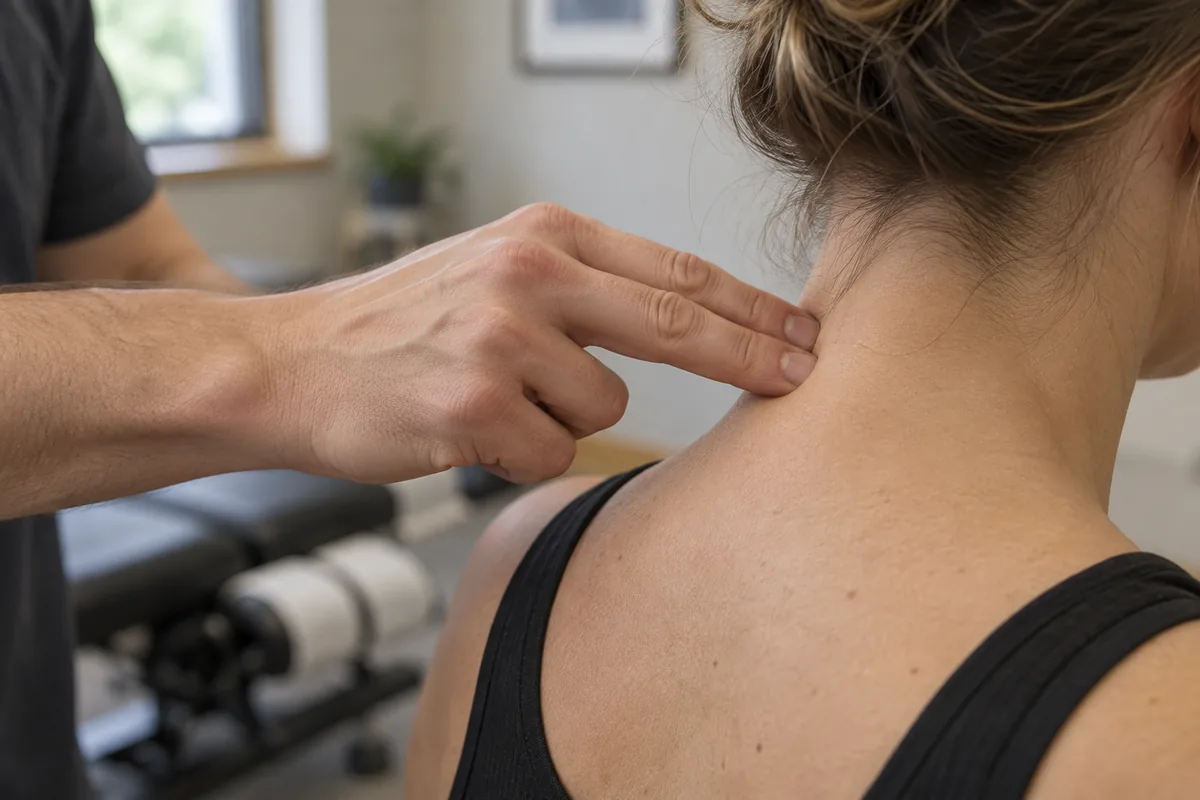 Close-up of hands palpating neck for pinched nerve signs in Sunnyvale