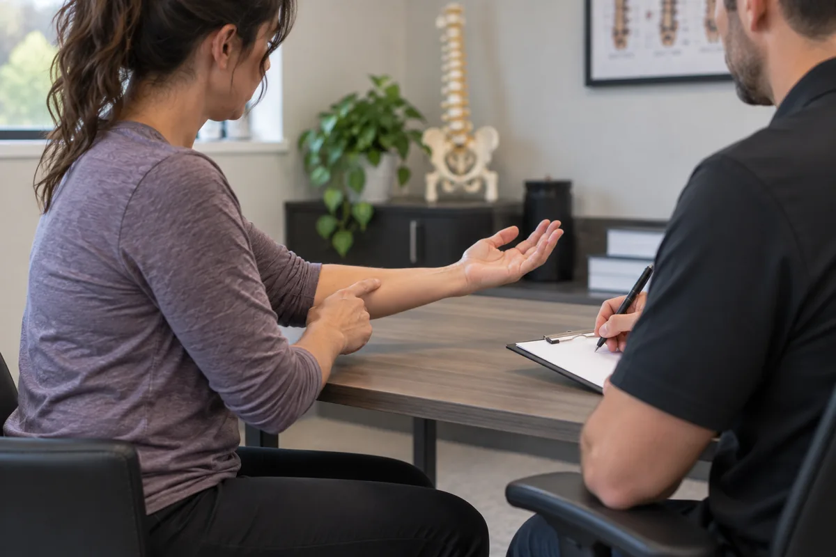 Patient reviewing symptoms with staff before pinched nerve diagnosis Sunnyvale