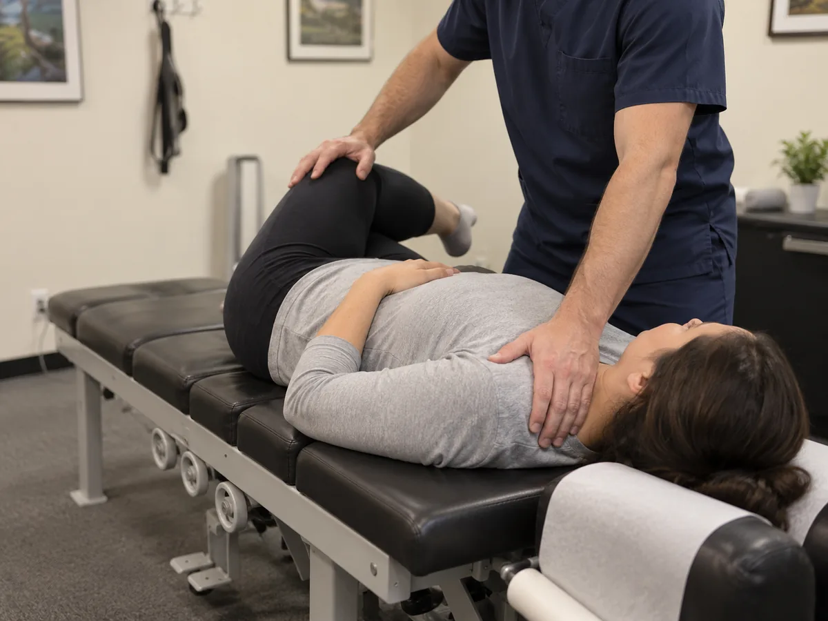 Quiropráctico realizando un estiramiento lumbar para el tratamiento de la ciática en una clínica de Sunnyvale
