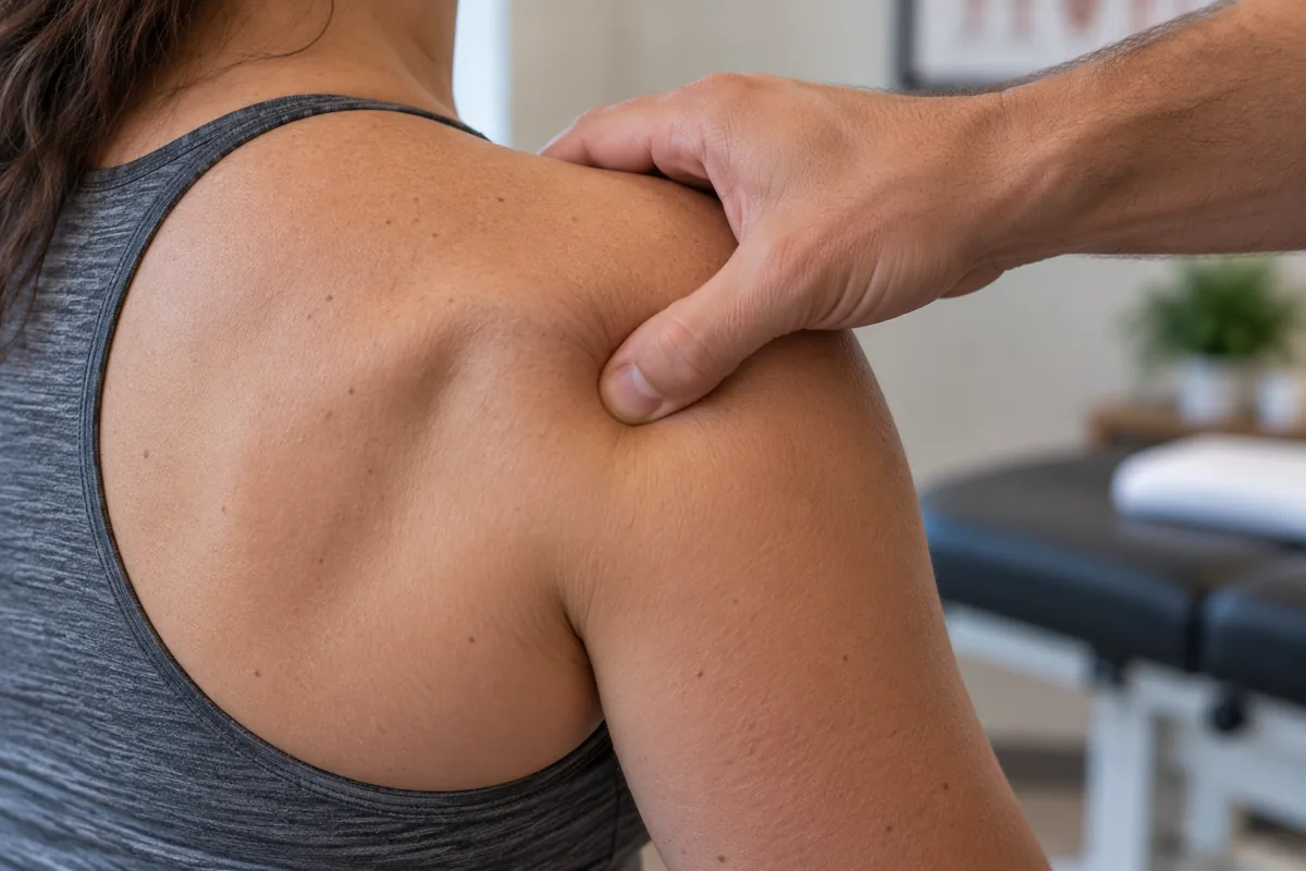 Close-up palpation of rotator cuff during shoulder pain exam in Sunnyvale
