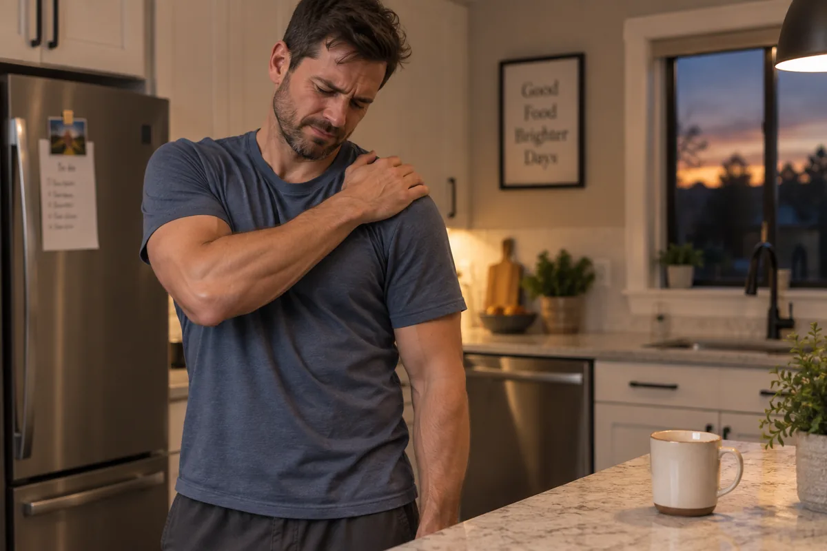 Man rubbing sore shoulder at home before seeking Sunnyvale treatment