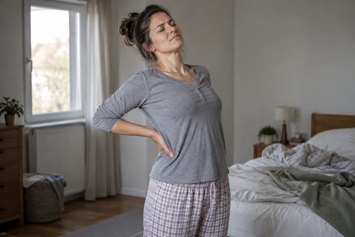 Woman holding lower back showing signs needing spinal decompression in Sunnyvale