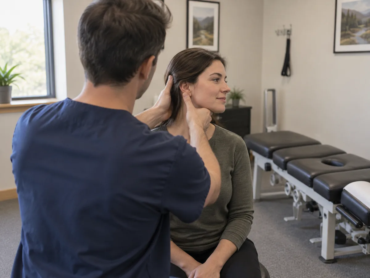 whiplash-treatment-neck-exam-sunnyvale-chiropractor Chiropractor checking neck range of motion for whiplash treatment in Sunnyvale