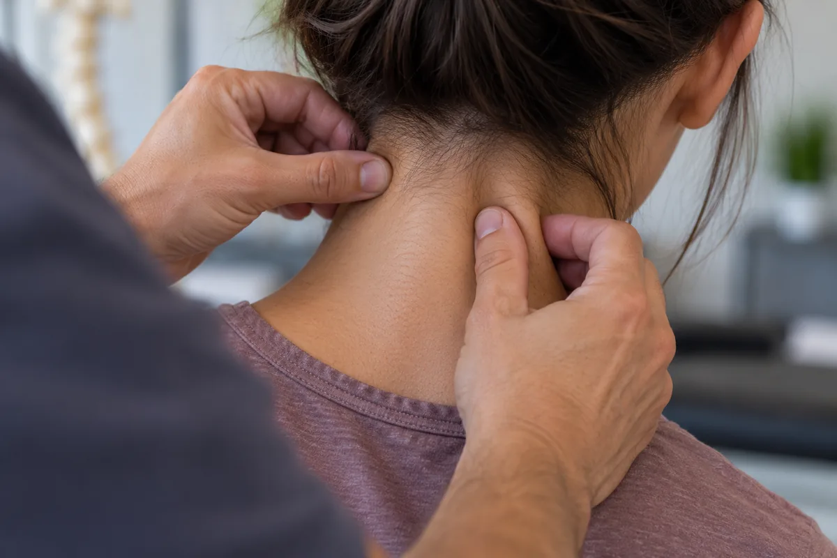 whiplash-treatment-cervical-palpation-closeup-sunnyvale Close-up hands palpating neck muscles during whiplash treatment in Sunnyvale