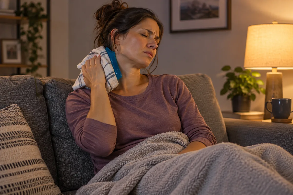 whiplash-symptoms-home-care-neck-pain-sunnyvale Person icing sore neck at home after whiplash injury before Sunnyvale treatment