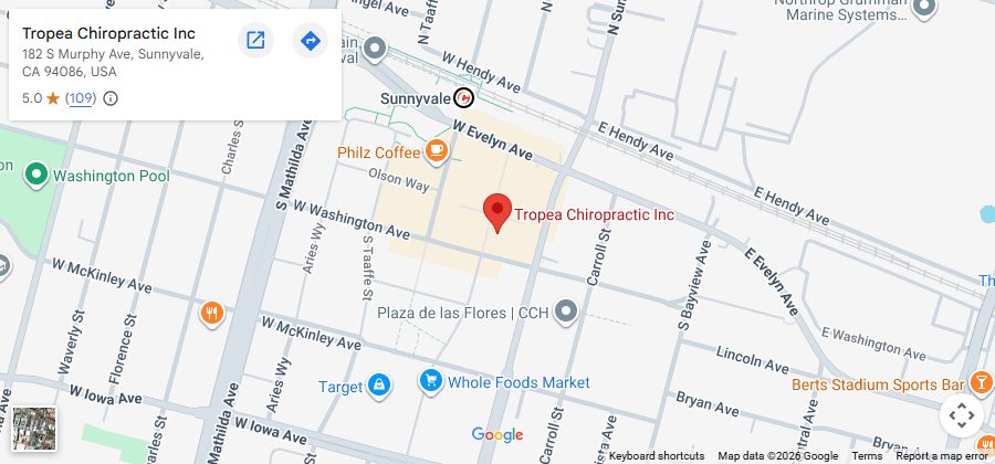 Map showing Tropea Chiropractic at 182 S. Murphy Ave, Sunnyvale, CA 94086